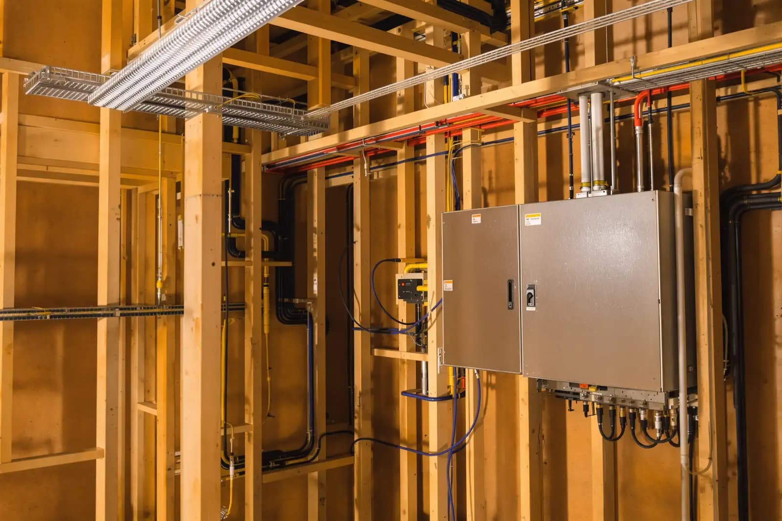 Steigschacht der Gebäudetechnik mit Kabelpritschen, Netzwerkschrank und Leerrohren im Rohbau