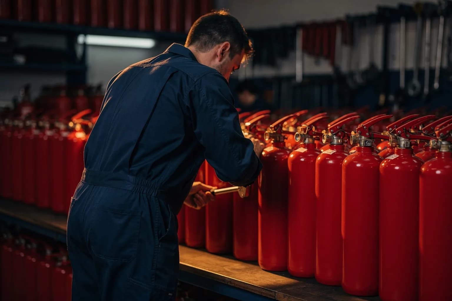 Werkstatt für Feuerlöscherwartung, Reihen roter Behälter auf einer Werkbank werden geprüft, ein Techniker von hinten, warmes Licht