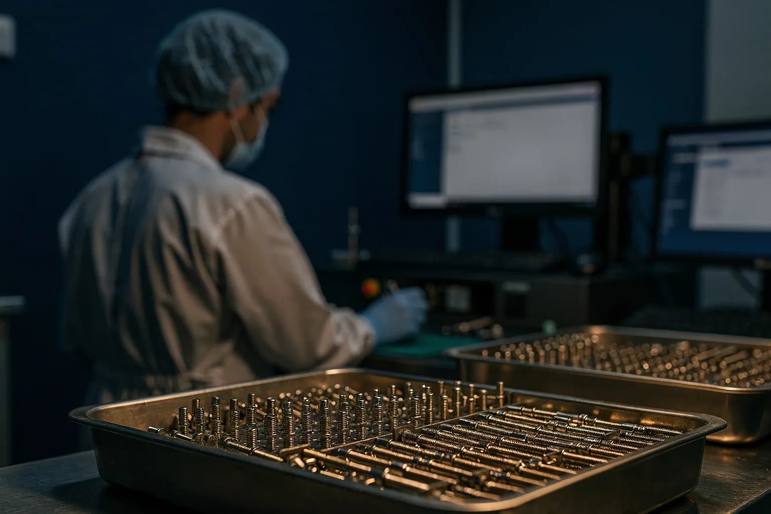 Reinraumfertigung von Dentalimplantat-Komponenten, Schalen mit sehr kleinen Titanschrauben unter hellem Licht, eine Bedienerin in Reinraumkleidung von hinten