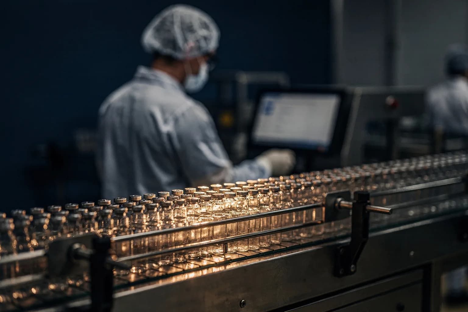Pharmazeutische Fertigung mit kleinen Glasflaschen auf einer Abfülllinie, Reihen klarer Behältnisse, eine Bedienerin in Hygienekleidung von hinten