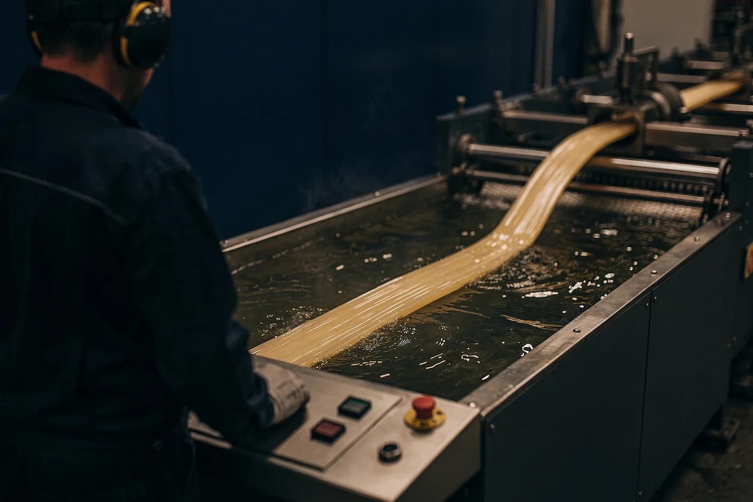 Extrusionslinie für Kunststoffprofil, der warme Strang verlässt das Werkzeug in ein Kühlbad, ein Bediener von hinten am Bedienpult