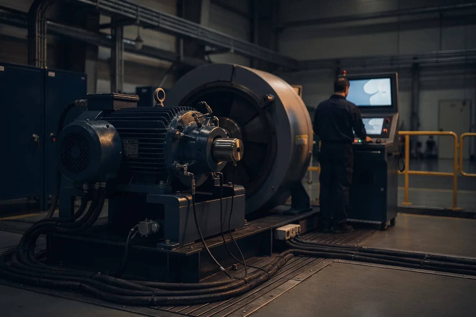 Prüfstandhalle mit einem Elektromotor auf einer Belastungsmaschine, schwere Verkabelung und Sensoren, ein Ingenieur von hinten in einigem Abstand