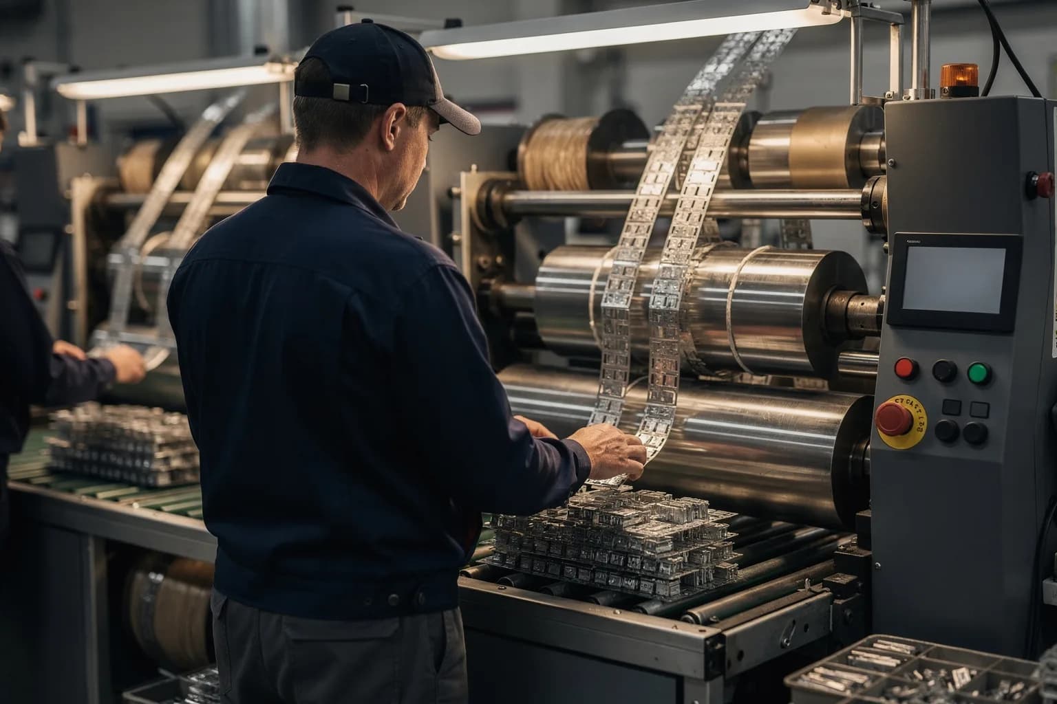 Automatisierte Montagelinie für kleine elektrische Steckverbinder, Rollen gestanzten Metallbands laufen in eine Maschine, ein Bediener von hinten, kühles helles Licht