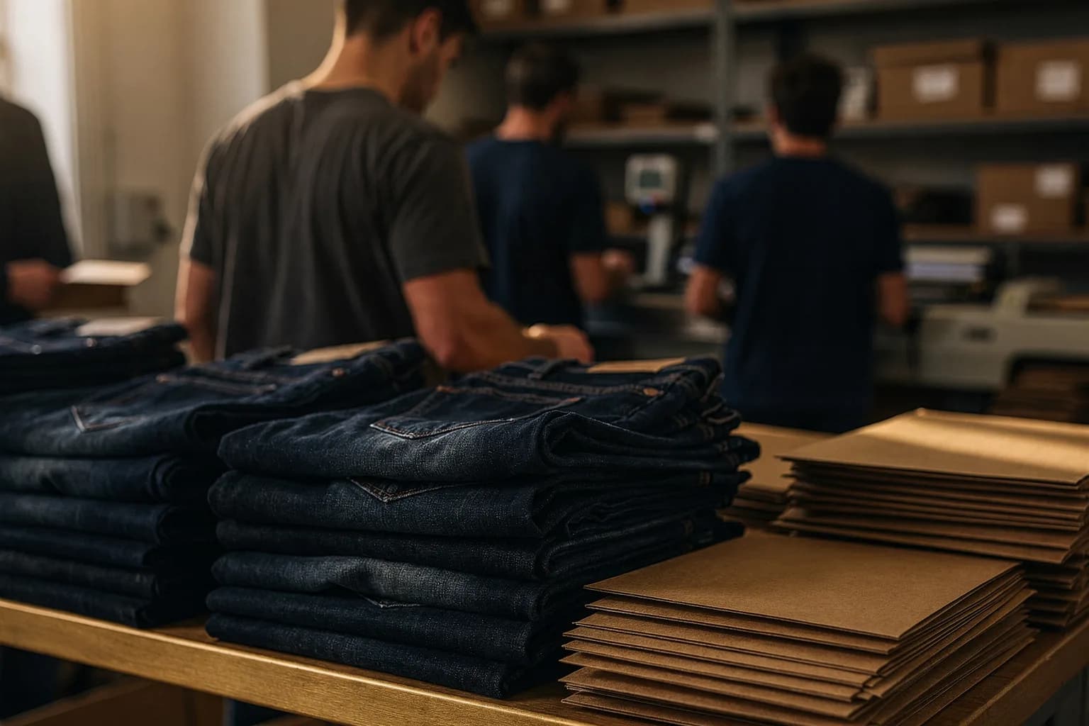 Packtisch in einem kleinen Modelager, gefaltete dunkle Jeans neben Versandkartons gestapelt, eine Mitarbeiterin von hinten, warmes Tageslicht