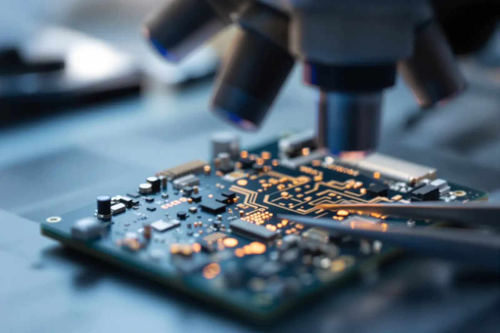 Bestückte Platine unter einem Prüfmikroskop auf einer Laborbank, feine Pinzette daneben