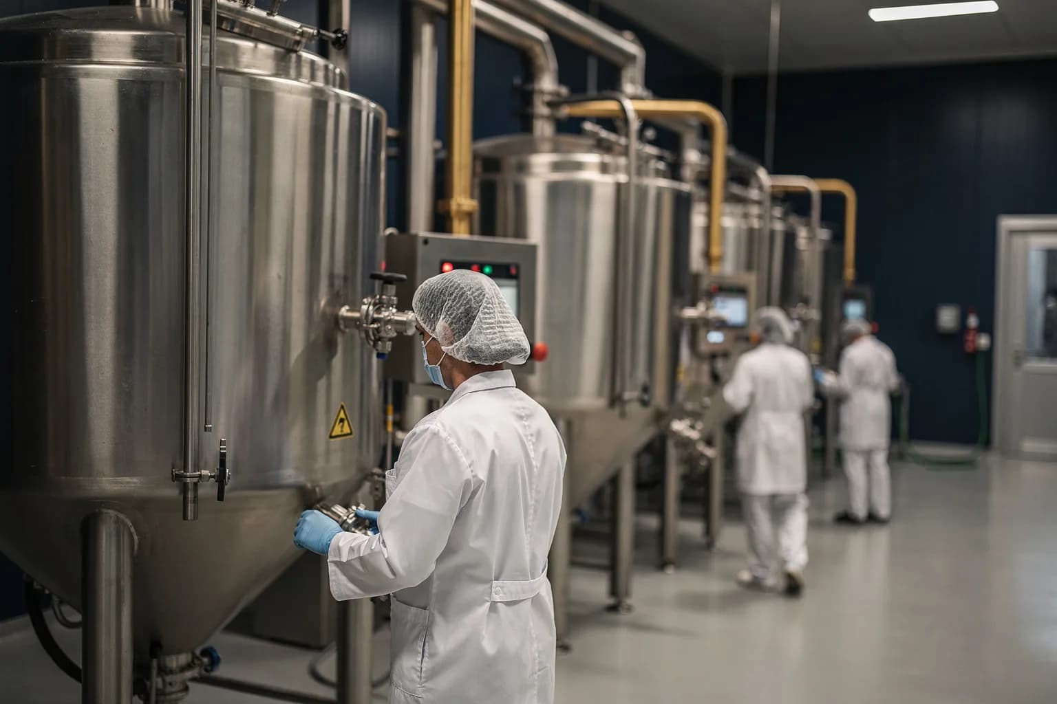 Lebensmittelproduktion mit großen Edelstahl-Rührbehältern und Verrohrung, eine Mitarbeiterin in weißer Hygienekleidung und Haarnetz von hinten, helles klares Licht