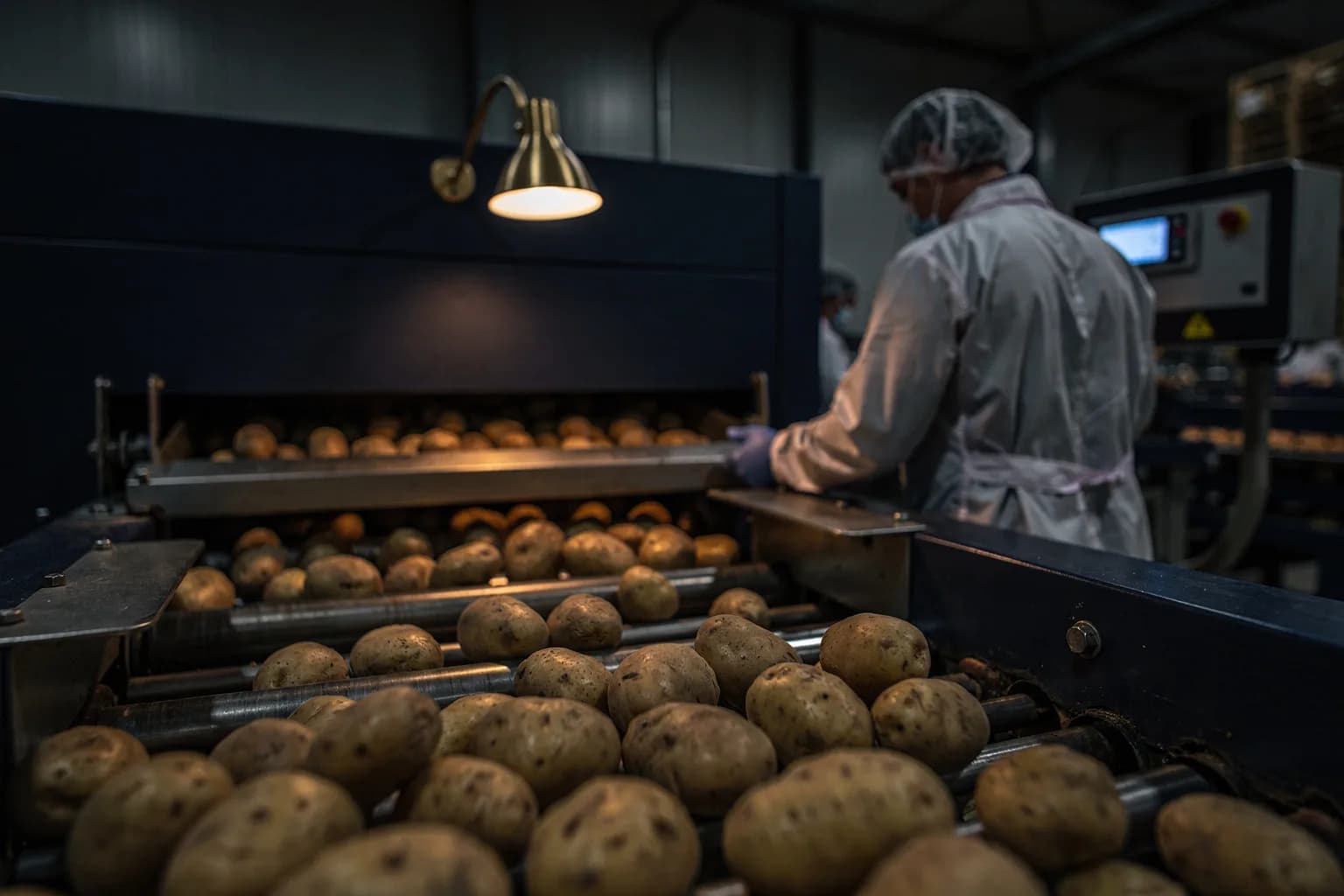 Sortier- und Abpacklinie für Kartoffeln in einer Agrarhandelshalle, Knollen laufen über einen Rollensortierer, ein Mitarbeiter in Hygienekleidung von hinten am Verleseband