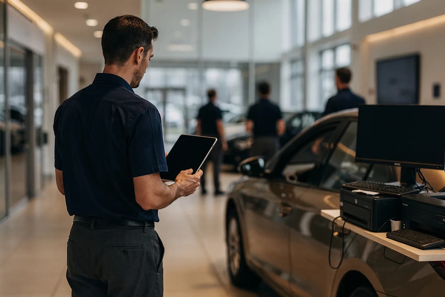 Serviceannahme eines Autohauses zur Öffnungszeit, ein Serviceberater von hinten neben einem Fahrzeug auf der Annahmespur, verglaste Halle