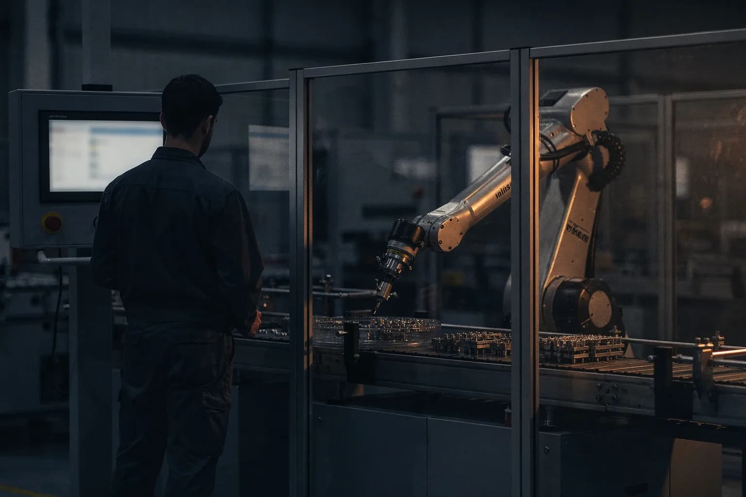 Automatisierte Fertigungslinie mit einem Roboterarm hinter Schutzzaun, ein Ingenieur in Arbeitskleidung von hinten an einem Bedienpult