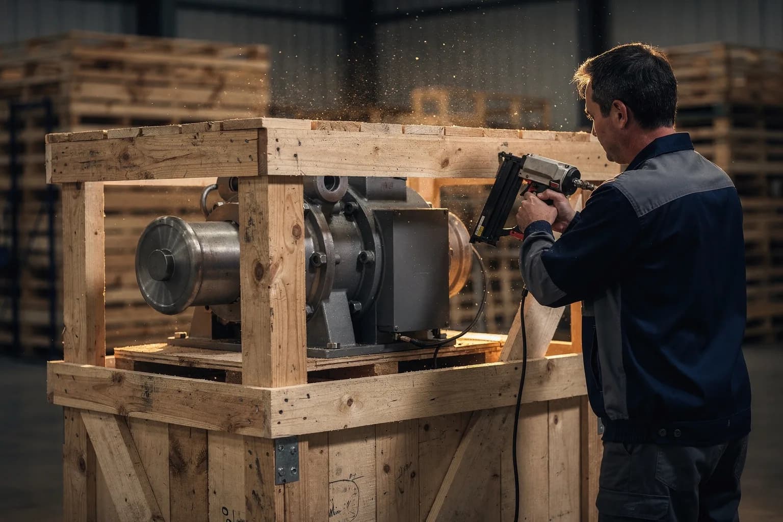 Exportverpackungshalle, eine große Holzkiste wird um ein Maschinenteil gebaut, ein Packer in Arbeitskleidung von hinten mit einem Nagler, Holzstaub im Licht