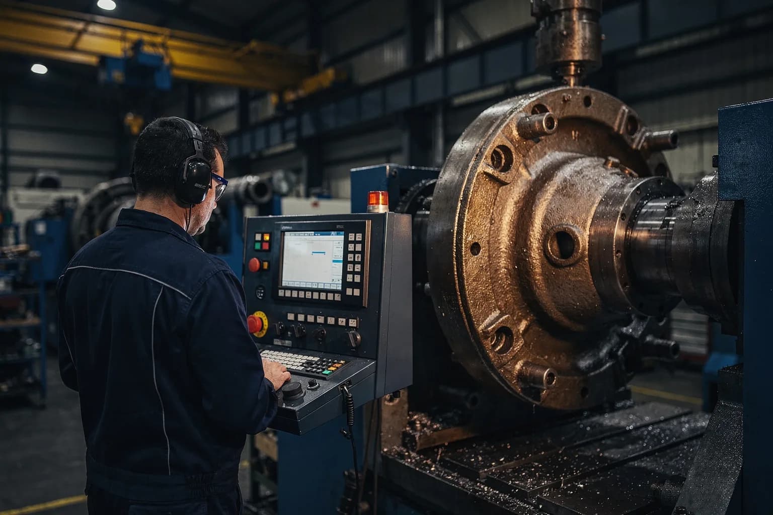Schwere Zerspanungshalle für Industriepumpen, ein großes Pumpengehäuse aus Guss auf einer Karusselldrehmaschine, ein Zerspaner von hinten am Bedienpult