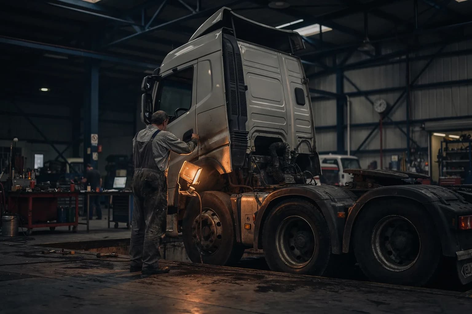 Werkstattbucht für Lastwagen mit einer Zugmaschine über einer Arbeitsgrube, ein Mechaniker in Overall von hinten am hochgekippten Fahrerhaus