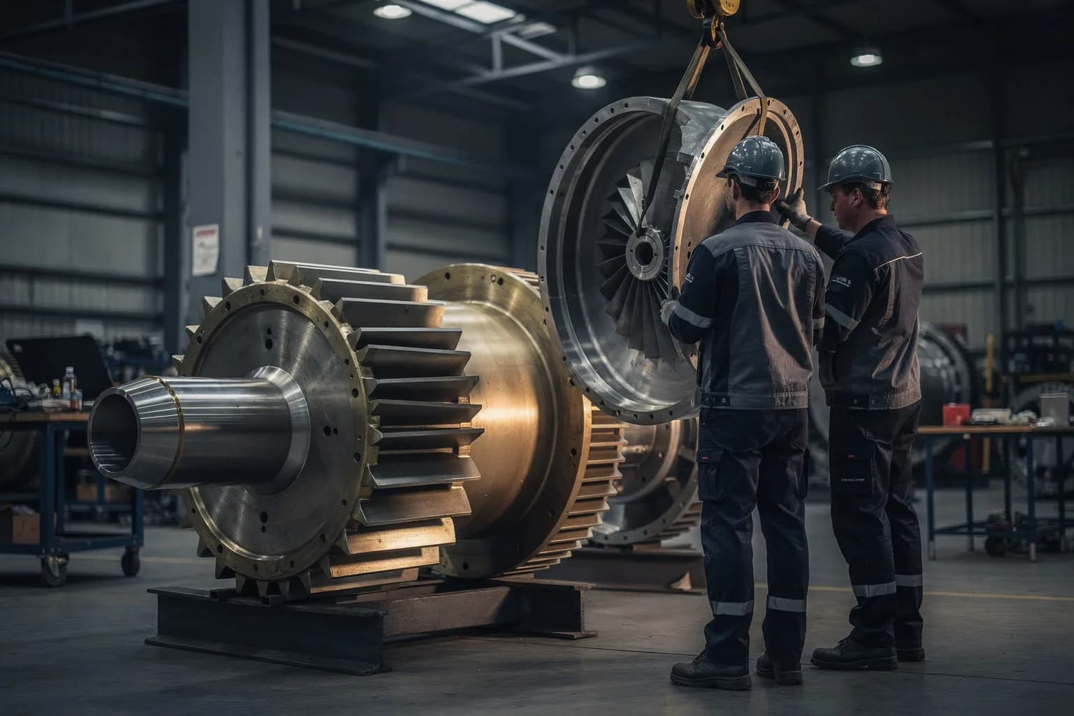 Montagefeld für Turboverdichter, ein großer Rotor auf Auflageböcken, zwei Monteure in Arbeitskleidung von hinten beim Ausrichten einer Gehäusehälfte