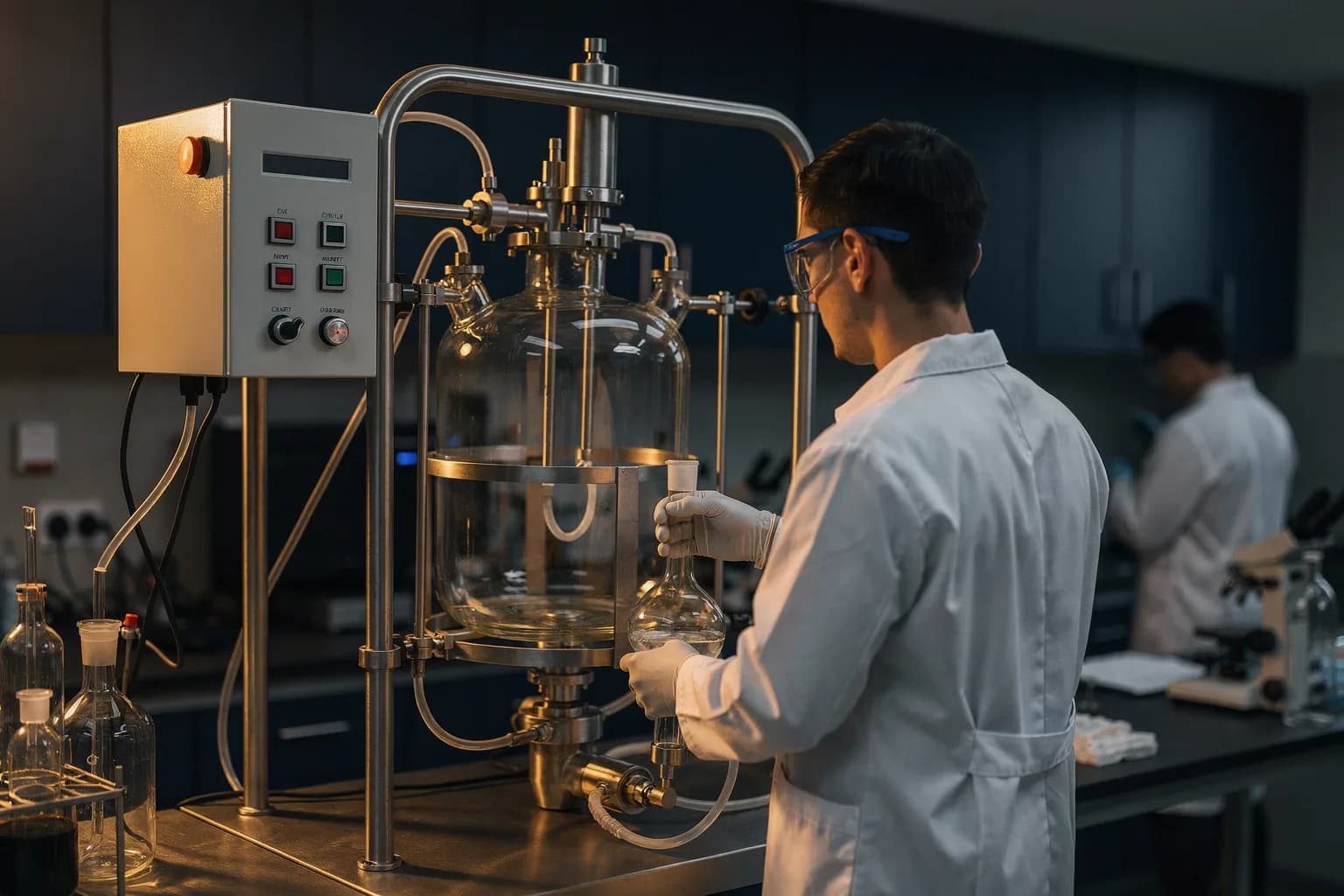 Polymerherstellung im Labormaßstab mit Glasreaktor und Rührwerk auf einem Gestell, eine Chemikerin im Kittel von hinten, klares gleichmäßiges Licht