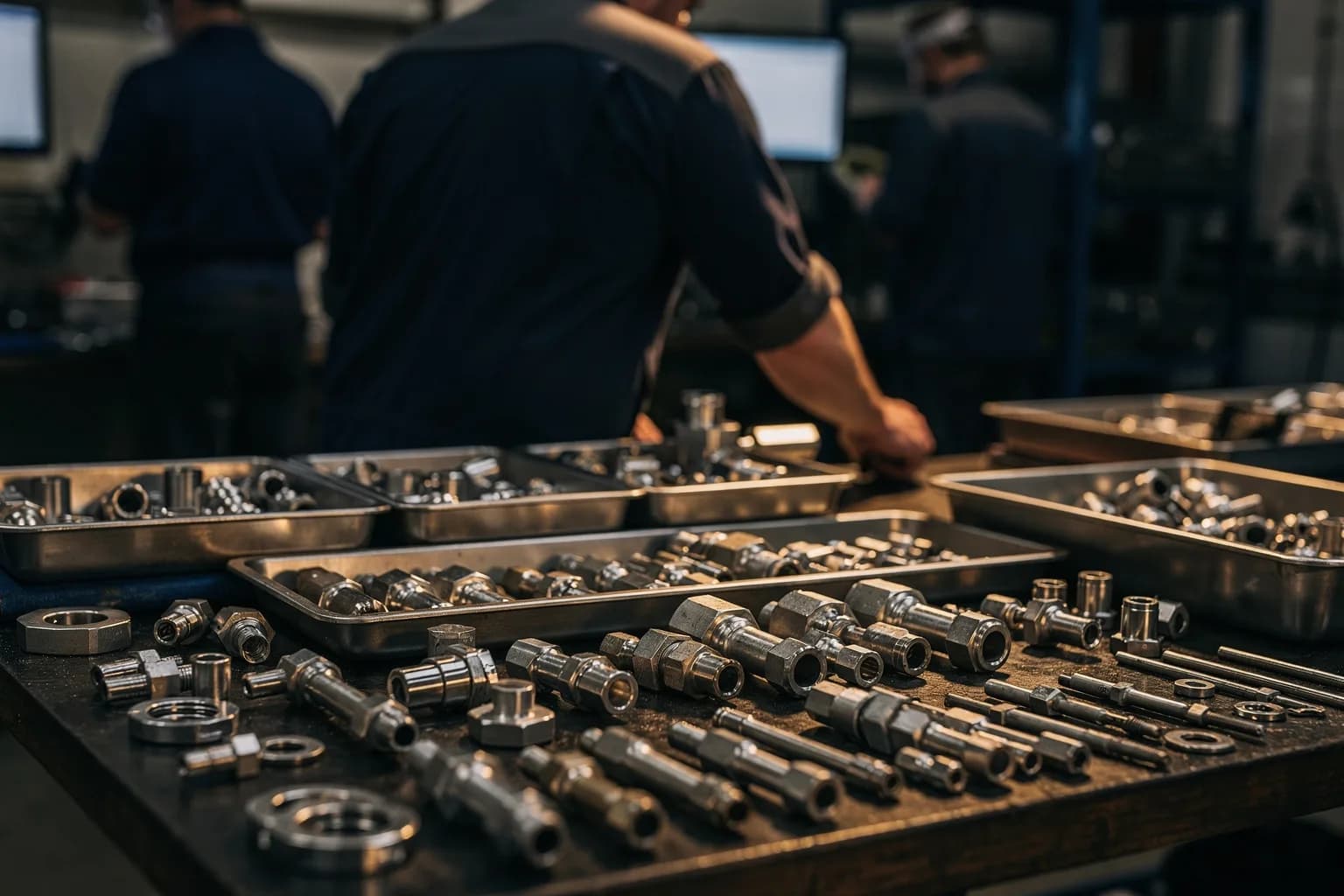 Werkbank mit leichten gefrästen Aluminiumteilen und Hydraulikverschraubungen, ein Monteur von hinten bei der Montage, warmes Akzentlicht