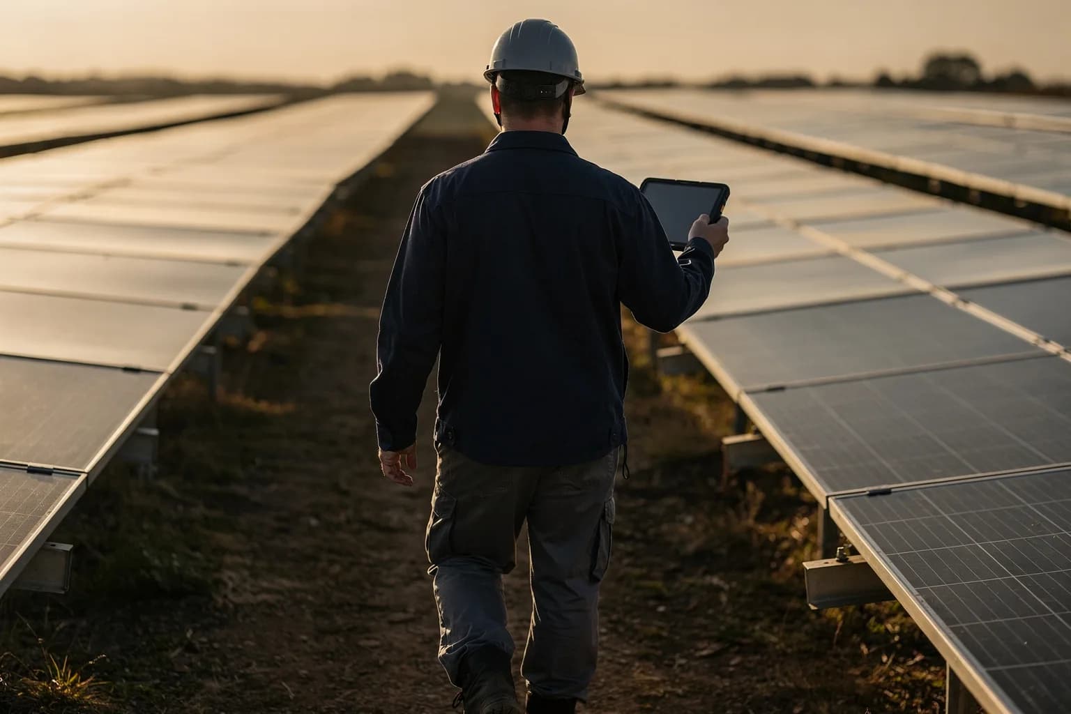 Techniker geht mit einem robusten Tablet zwischen den Modulreihen eines laufenden Solarparks, von hinten aufgenommen, Morgenlicht