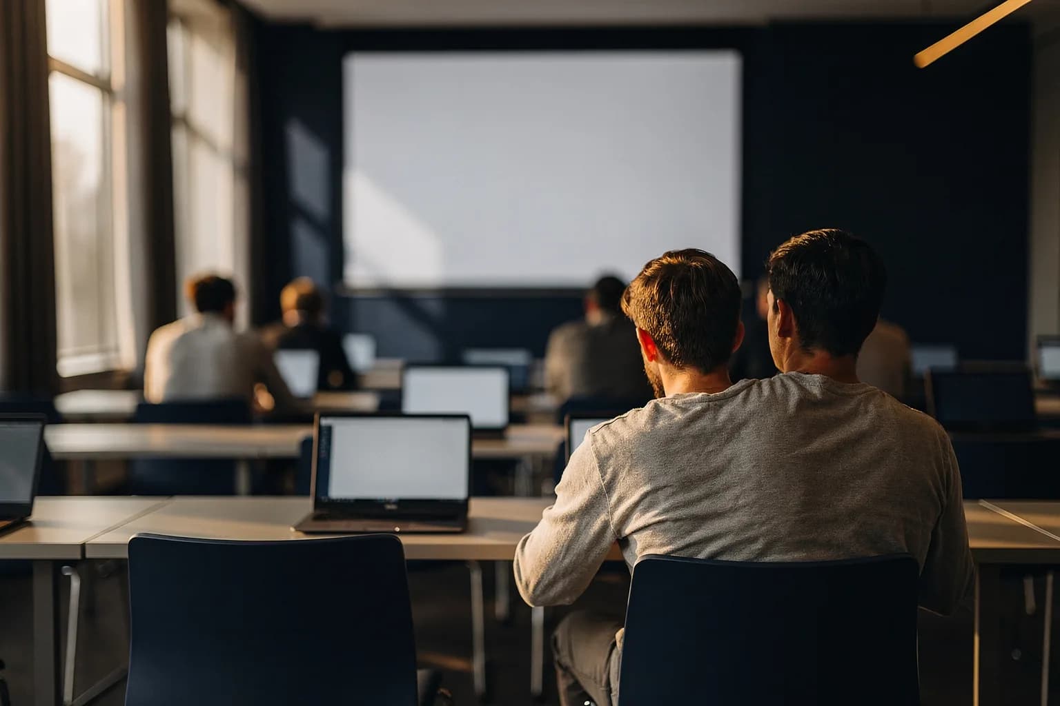 Moderner Seminarraum mit Notebooks auf den Tischen und einer großen leeren Projektionsfläche, zwei Studierende von hinten