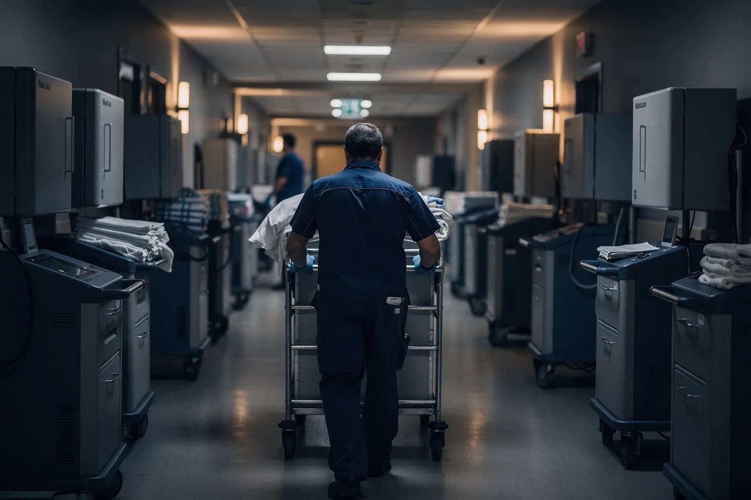 Versorgungsflur eines Krankenhauses mit Wagen und Servicetüren, ein Servicemitarbeiter in Arbeitskleidung von hinten schiebt einen Wäschewagen