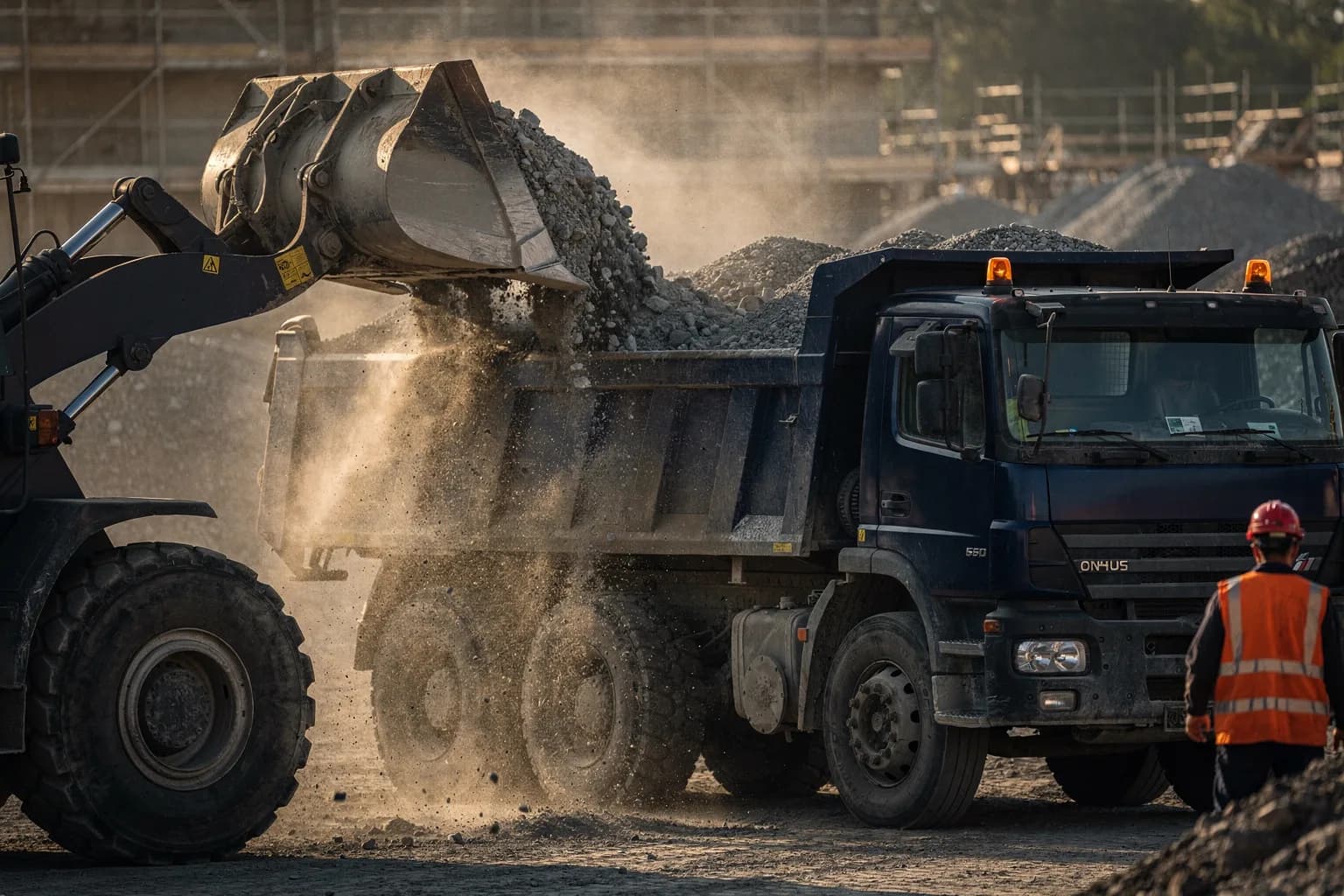 Kipperfahrzeug wird auf einer Baustelle von einem Radlader mit Schotter beladen, Staub in der Luft, nur Maschinen