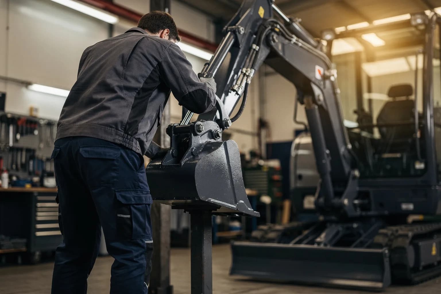 Werkstatt beim Anbau eines Hydraulikgeräts an einen Kompaktbagger, der Ausleger auf Stützen abgelegt, ein Monteur in Arbeitskleidung von hinten, helles Hallenlicht