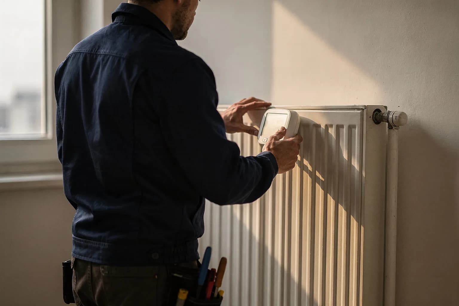 Techniker von hinten beim Anbringen eines kleinen Messgeräts an einem Heizkörper in einer leeren Wohnung, kahle Wände, Tageslicht durch ein unverhängtes Fenster