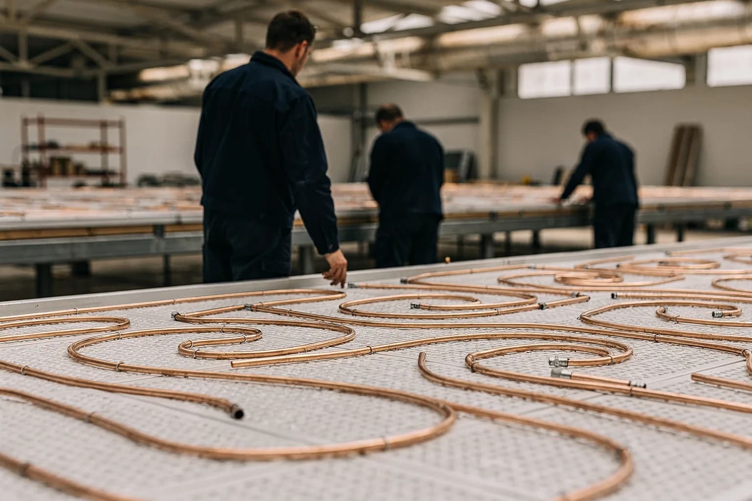 Montage von Kühldeckenelementen, Kupferrohrmäander werden auf ein weißes perforiertes Metallpaneel gelegt, ein Arbeiter von hinten, helles Hallenlicht