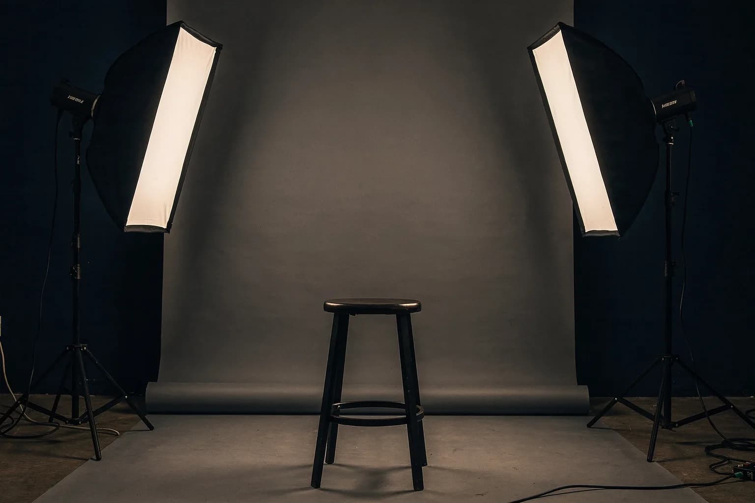 Fotostudioecke für Porträtaufnahmen, ein Hocker vor einem einfarbig grauen Hintergrund mit zwei Softboxen, niemand anwesend