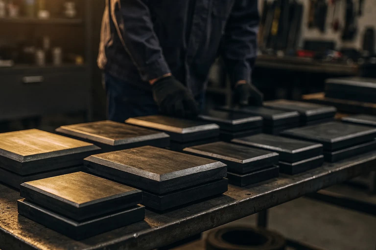 Montage von Gummi-Metall-Lagern, schwere Stahlplatten mit aufvulkanisiertem schwarzem Elastomer auf einer Werkbank, ein Arbeiter von hinten, warmes Akzentlicht