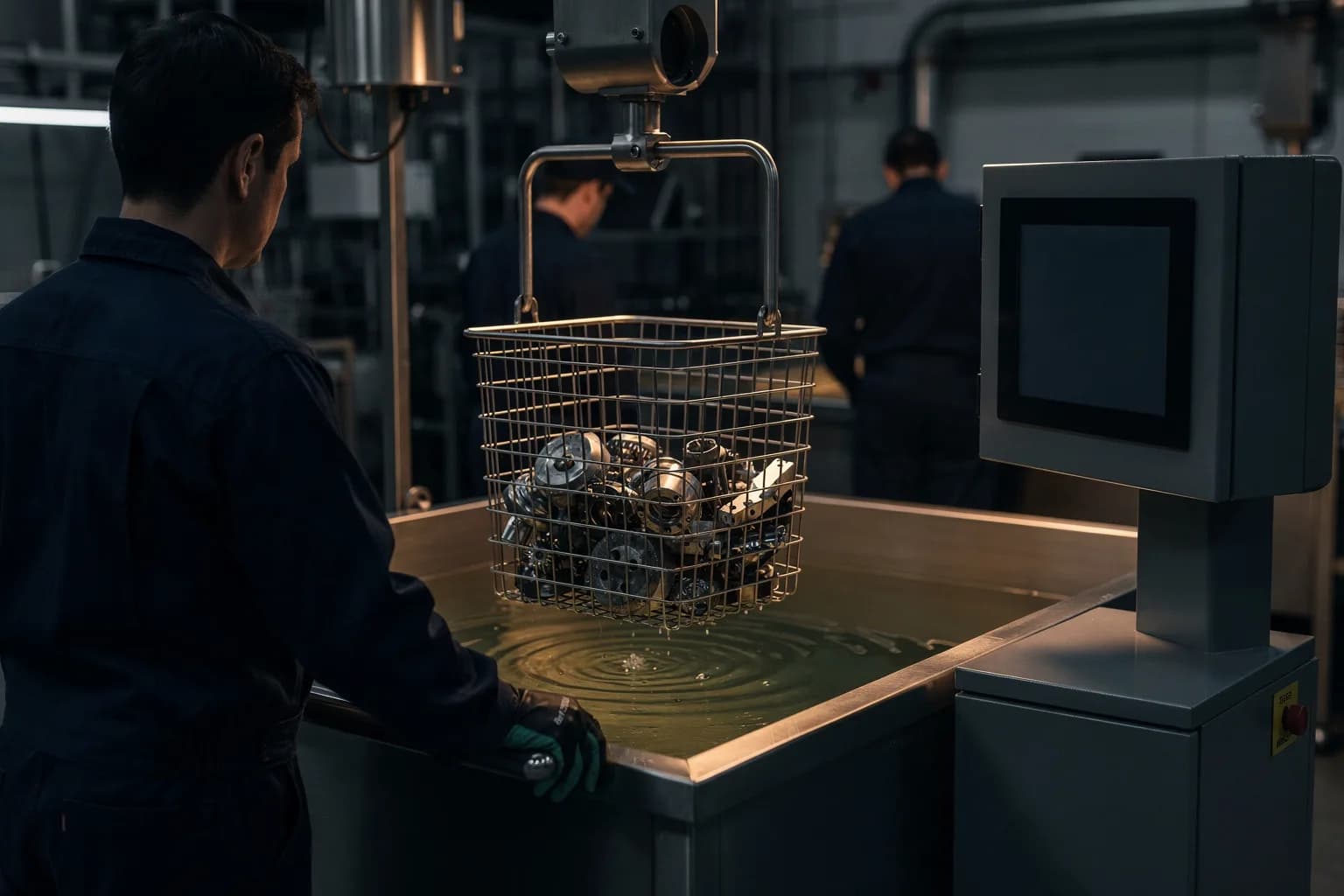 Industrielle Ultraschall-Reinigungslinie, ein Korb mit Metallteilen wird in eine Edelstahlwanne abgesenkt, Wellen auf der Flüssigkeitsoberfläche, ein Bediener von hinten