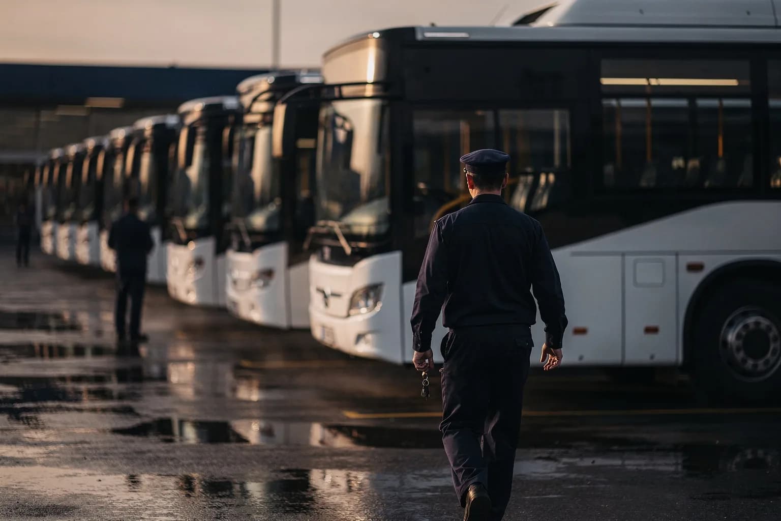 Busbetriebshof am frühen Morgen mit einer Reihe geparkter Stadtbusse, ein Fahrer in Uniform von hinten auf dem Weg zu einem Fahrzeug, nasser Asphalt mit Spiegelungen