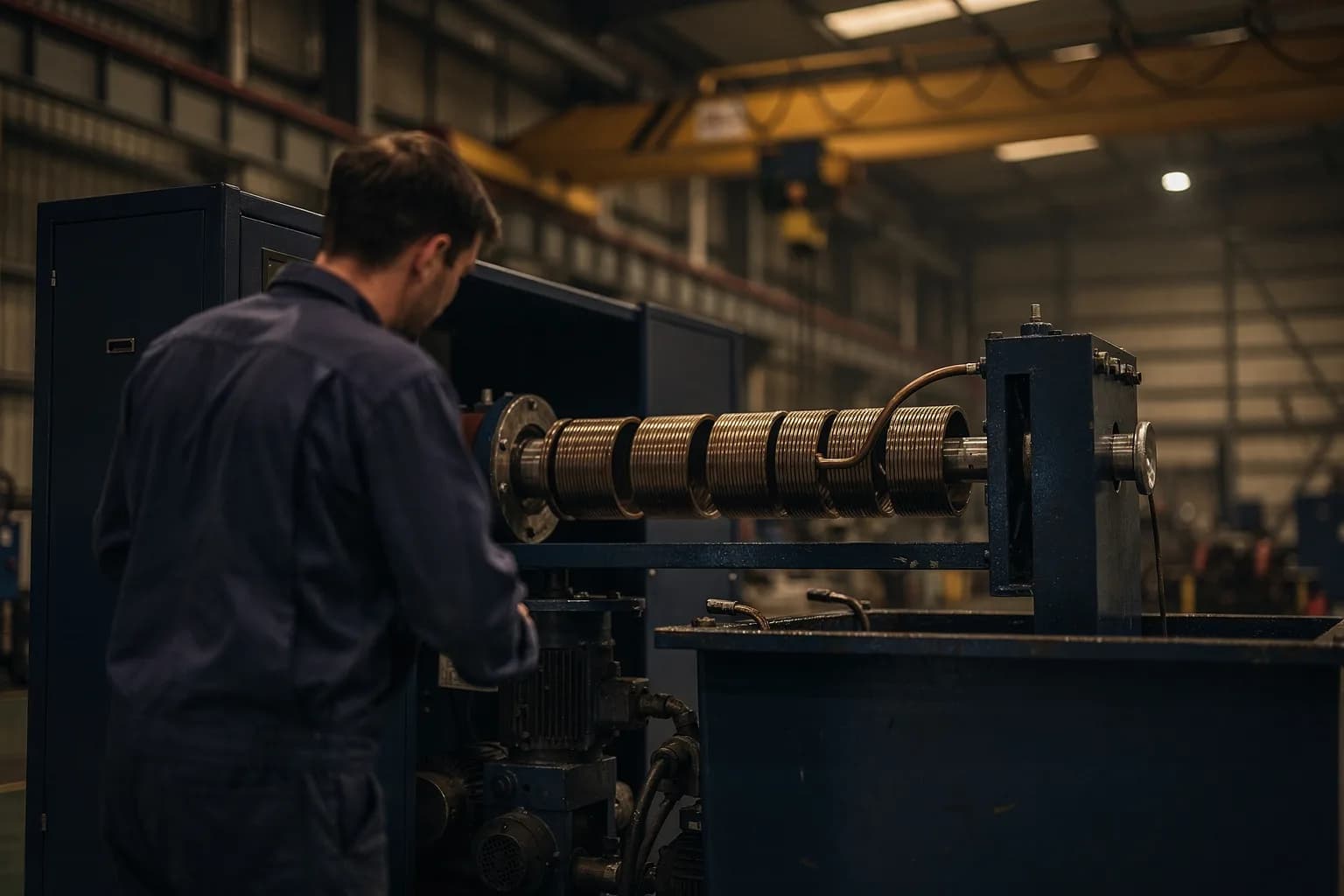 Montage einer Induktionshärteanlage, Spule und Abschreckbecken sichtbar, ein Monteur von hinten, hohe Halle mit Kranbahn darüber