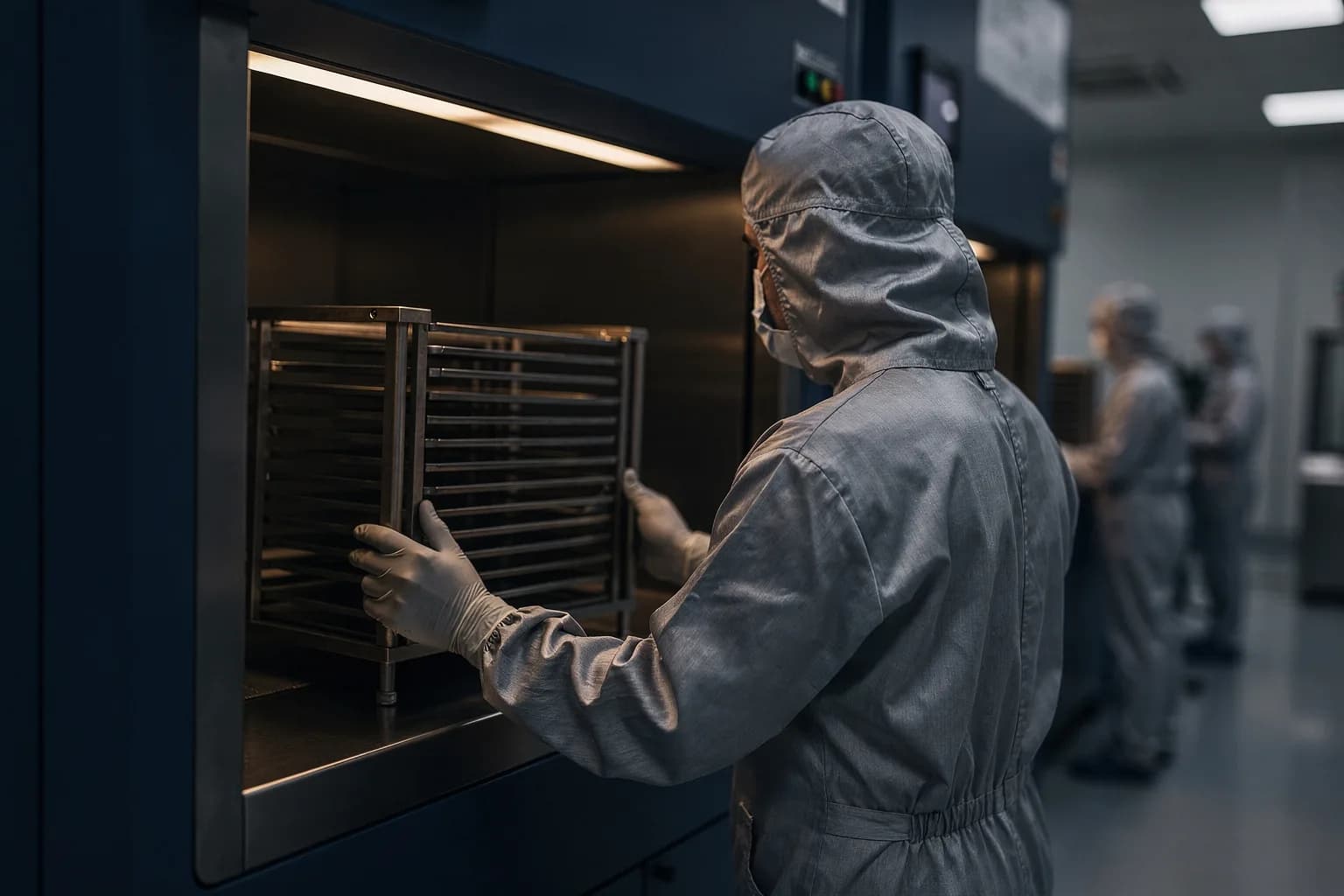 Reinraum der Halbleiterfertigung, behandschuhte Hände setzen eine Wafer-Kassette in eine Ladestation unter einer Haube, eine Bedienerin im Reinraumanzug von hinten, kühles helles Licht