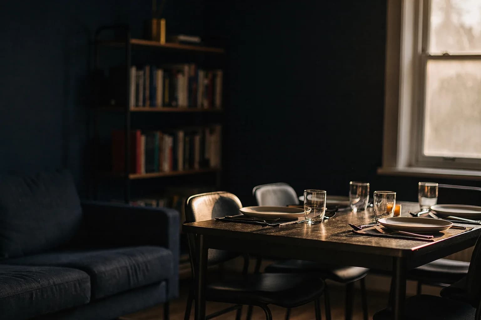 Wohnzimmer einer kleinen Wohngruppe mit Sofa, Bücherregal und einem für mehrere Personen gedeckten Tisch, niemand anwesend, warmes Tageslicht durch ein Fenster
