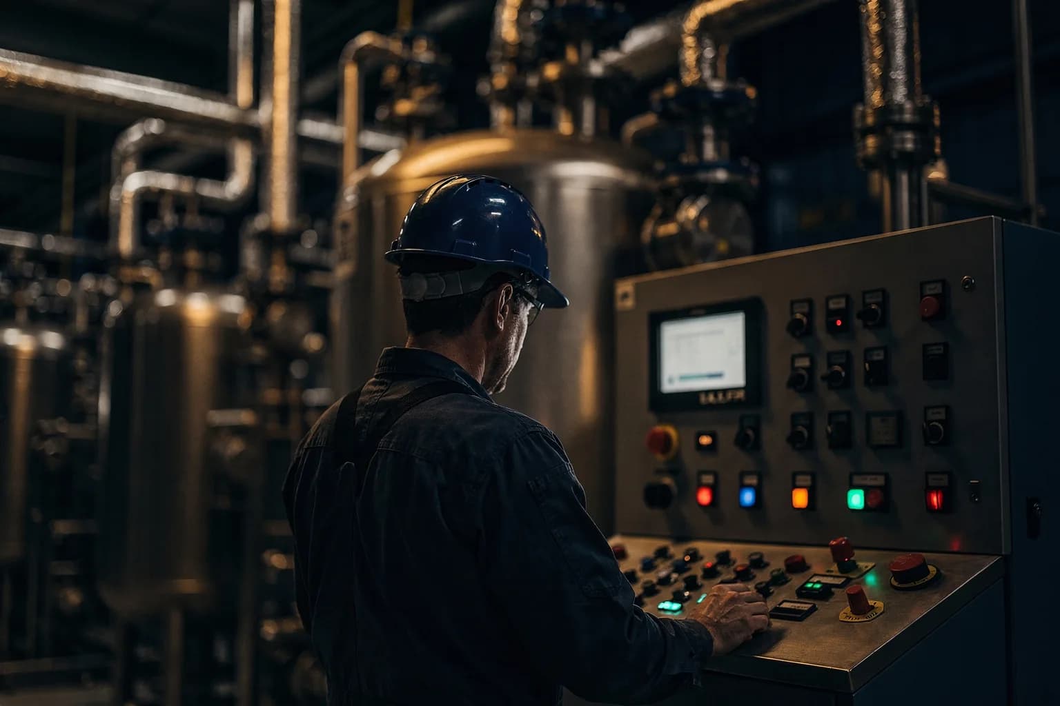 Betriebsbereich einer Chemieanlage mit Reaktorverrohrung und Armaturen, ein Mitarbeiter mit Helm und Schutzanzug von hinten an einem Bedienpult, keine lesbare Anzeige
