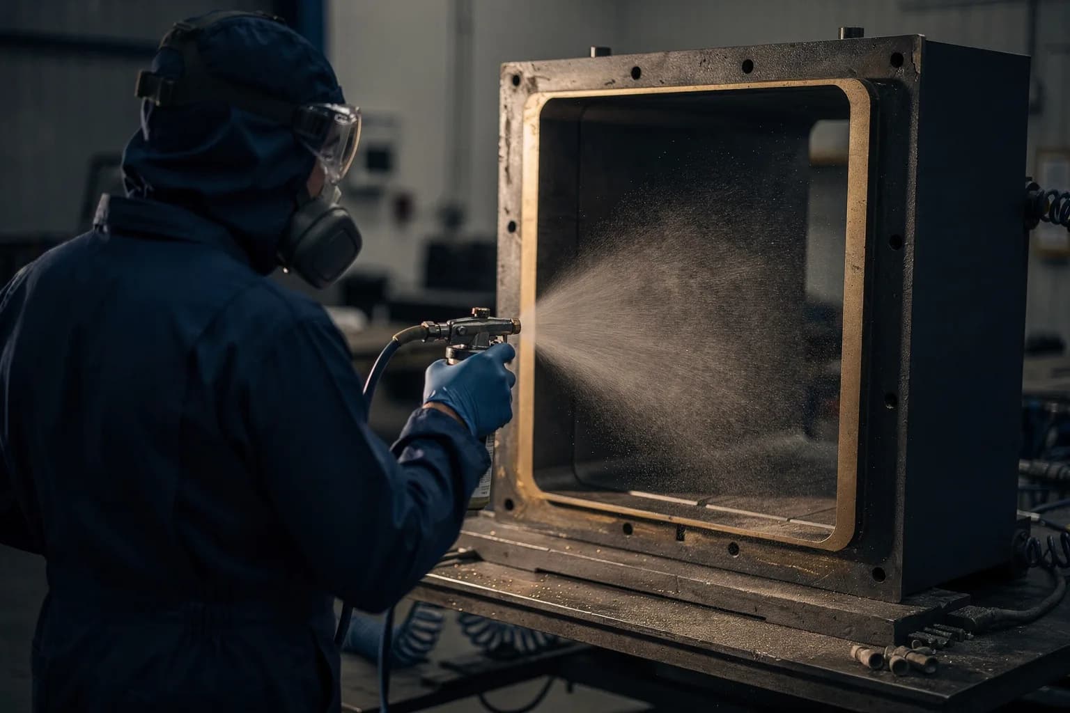 Chemische Kleinproduktion mit Rührwerksbehälter und Abfüllstelle für Kanister, Mitarbeiter in Schutzbrille von hinten
