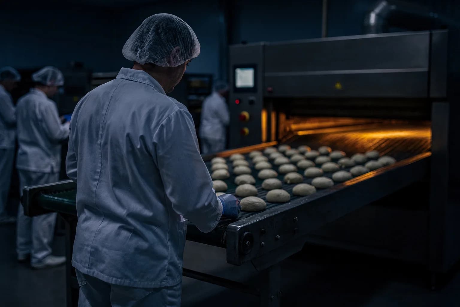 Produktionslinie einer Großbäckerei vor Tagesanbruch, Teiglinge auf einem Band vor dem Ofeneinlauf, ein Bäcker in weißer Arbeitskleidung von hinten