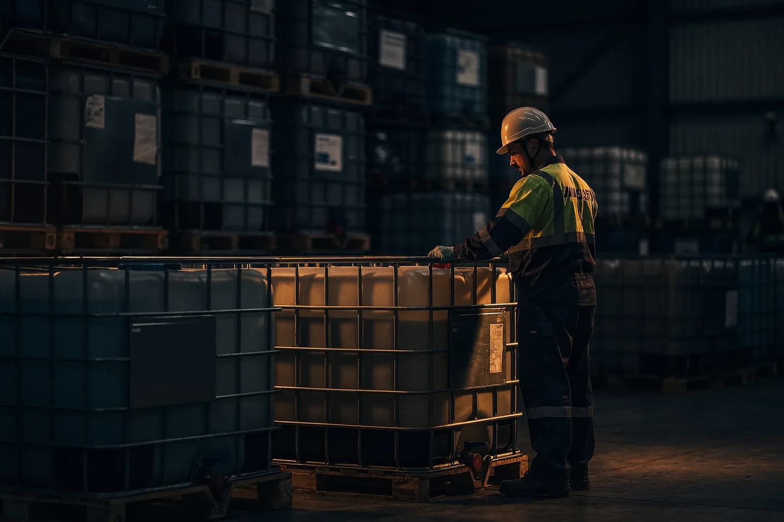 Industrielle Abpackhalle für Chemiegüter, Stahlfässer und Großpackmittel auf Paletten, ein Mitarbeiter in Schutzkleidung mit Helm von hinten an einer Palette