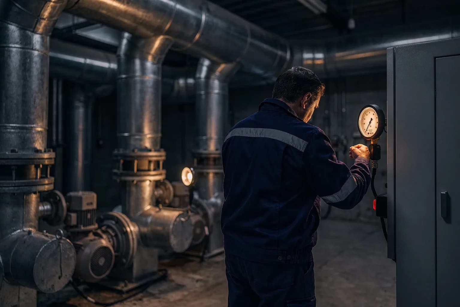 Technikzentrale eines Gebäudes mit großen Lüftungskanälen und Pumpen, ein Techniker in Arbeitskleidung von hinten beim Ablesen eines Manometers
