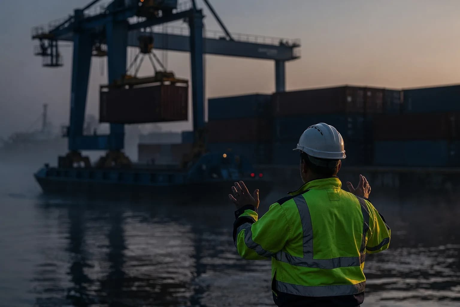 Binnenhafen im Morgengrauen, ein Portalkran hebt einen Container über ein Schiff, gestapelte Container am Kai, ein Hafenarbeiter in Warnkleidung von hinten
