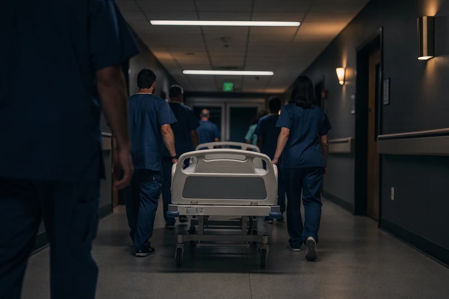Krankenhausflur zum Schichtwechsel, Personal in Berufskleidung von hinten, ein Patientenbett wird geschoben, kühles Deckenlicht