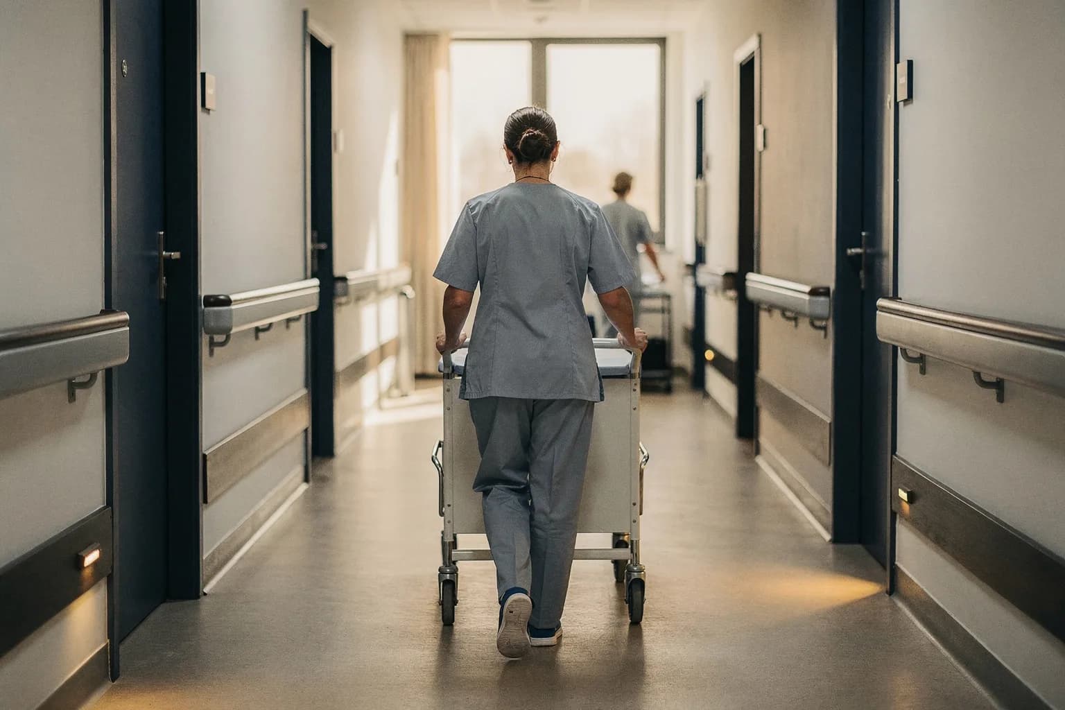 Heller Flur eines Pflegeheims mit Handläufen an der Wand, eine Pflegekraft in heller Dienstkleidung von hinten mit einem Pflegewagen