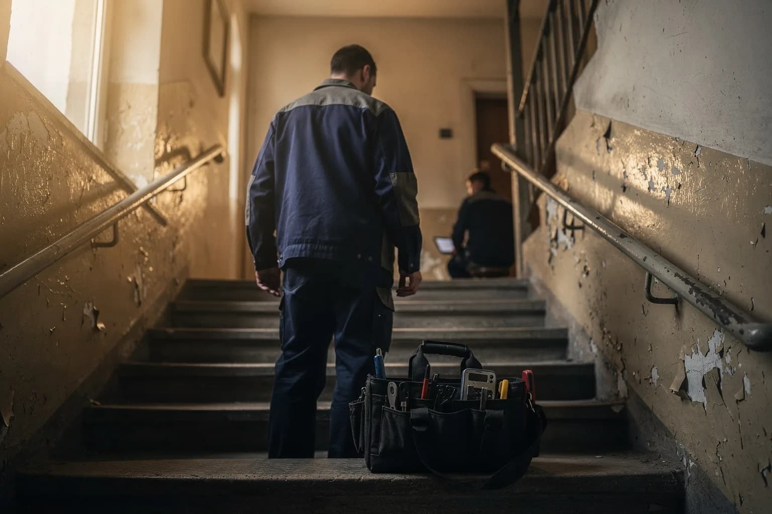 Haustechniker eines Wohnungsunternehmens von hinten im Treppenhaus eines Nachkriegsbaus, Werkzeugtasche auf der Stufe, Tageslicht durch das Treppenfenster