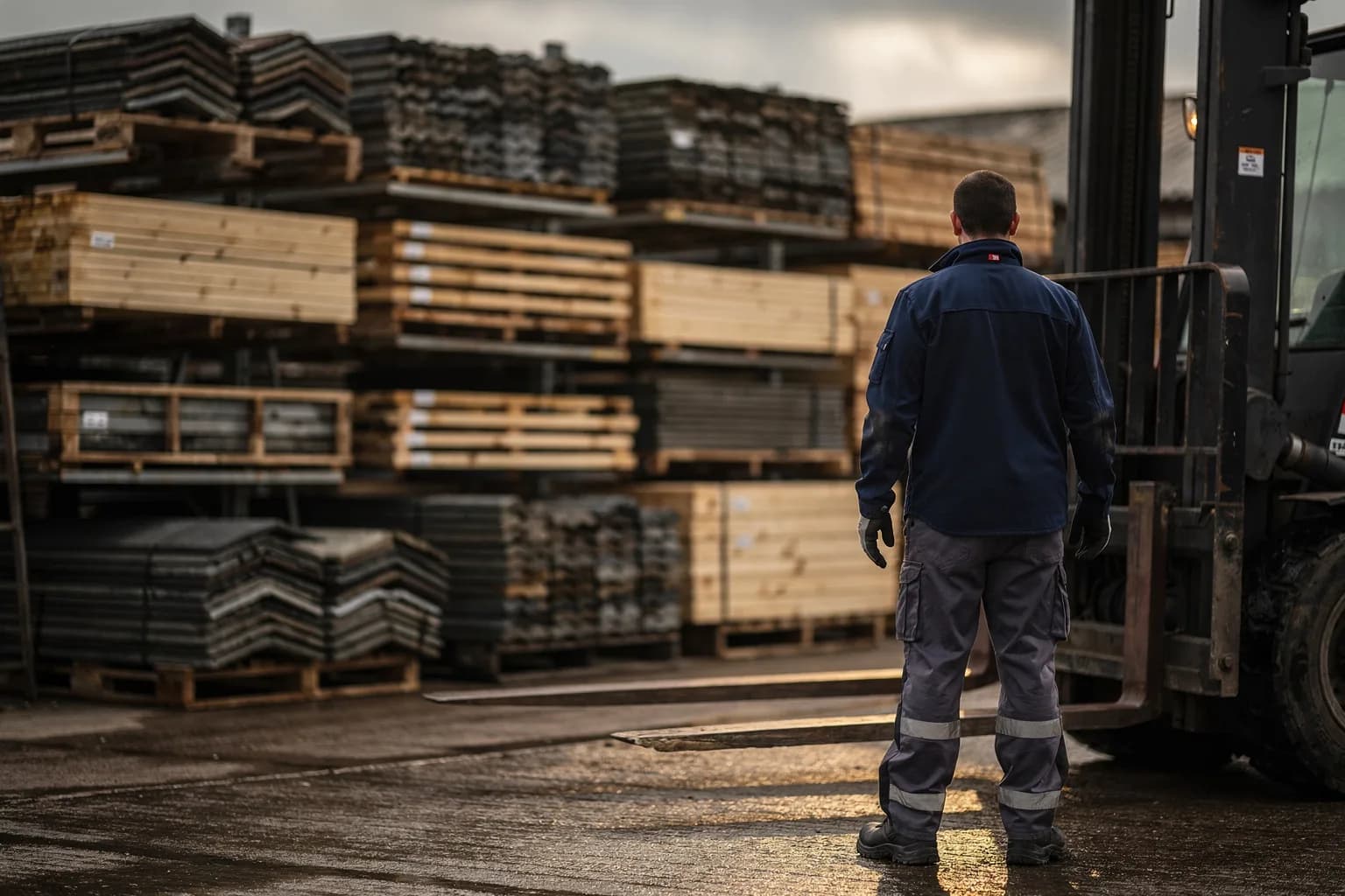 Hof eines Baustoffhändlers mit Dachziegeln und Holz auf Regalen, ein Hofmitarbeiter in Arbeitskleidung von hinten neben einem Seitenstapler