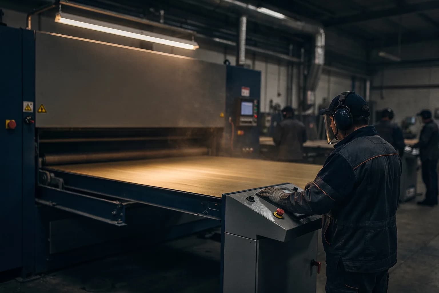 Halle für Oberflächenbearbeitung mit einer Breitbandschleifmaschine, Flachmaterial läuft ein, ein Bediener in Arbeitskleidung von hinten am Pult