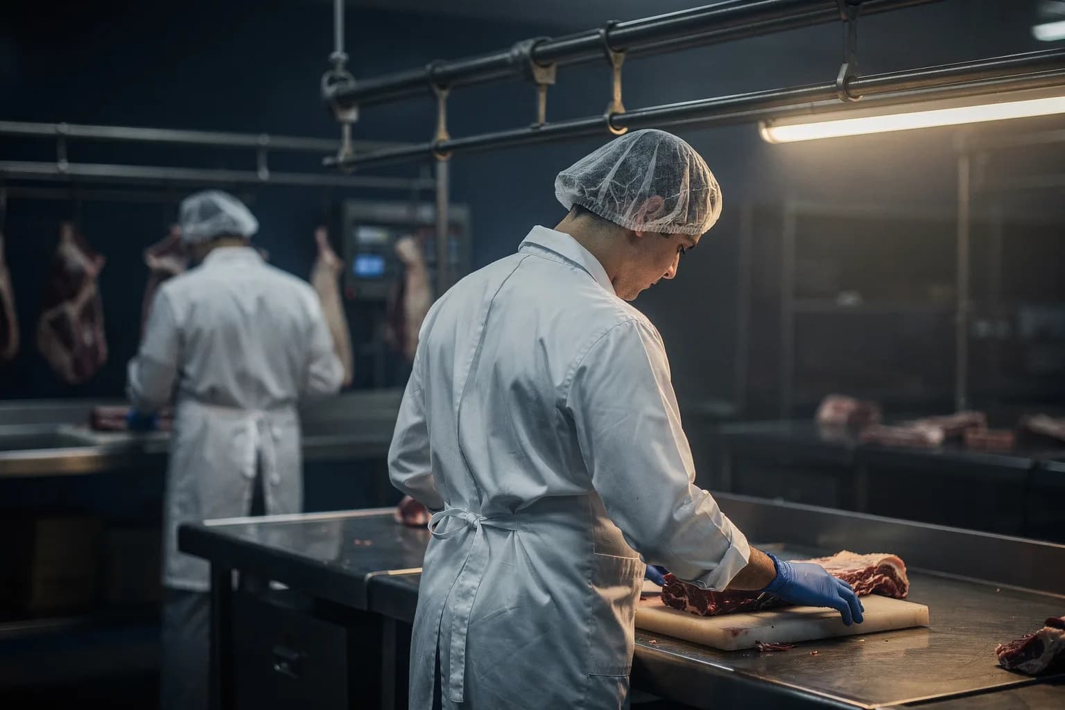 Zerlegeraum mit Edelstahltischen und Rohrbahnen unter der Decke, ein Mitarbeiter in weißer Hygienekleidung von hinten an einem Zerlegetisch