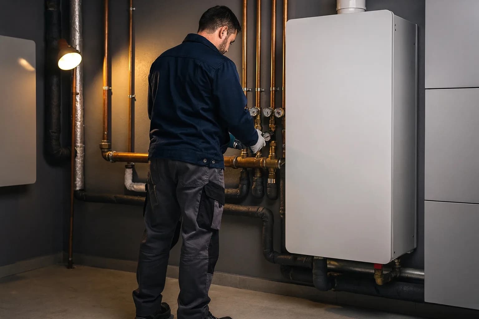 Einbau einer Wärmepumpe in einem Hauswirtschaftsraum, ein Monteur in Arbeitskleidung von hinten beim Anschließen der Leitungen, Dämmung und Armaturen sichtbar
