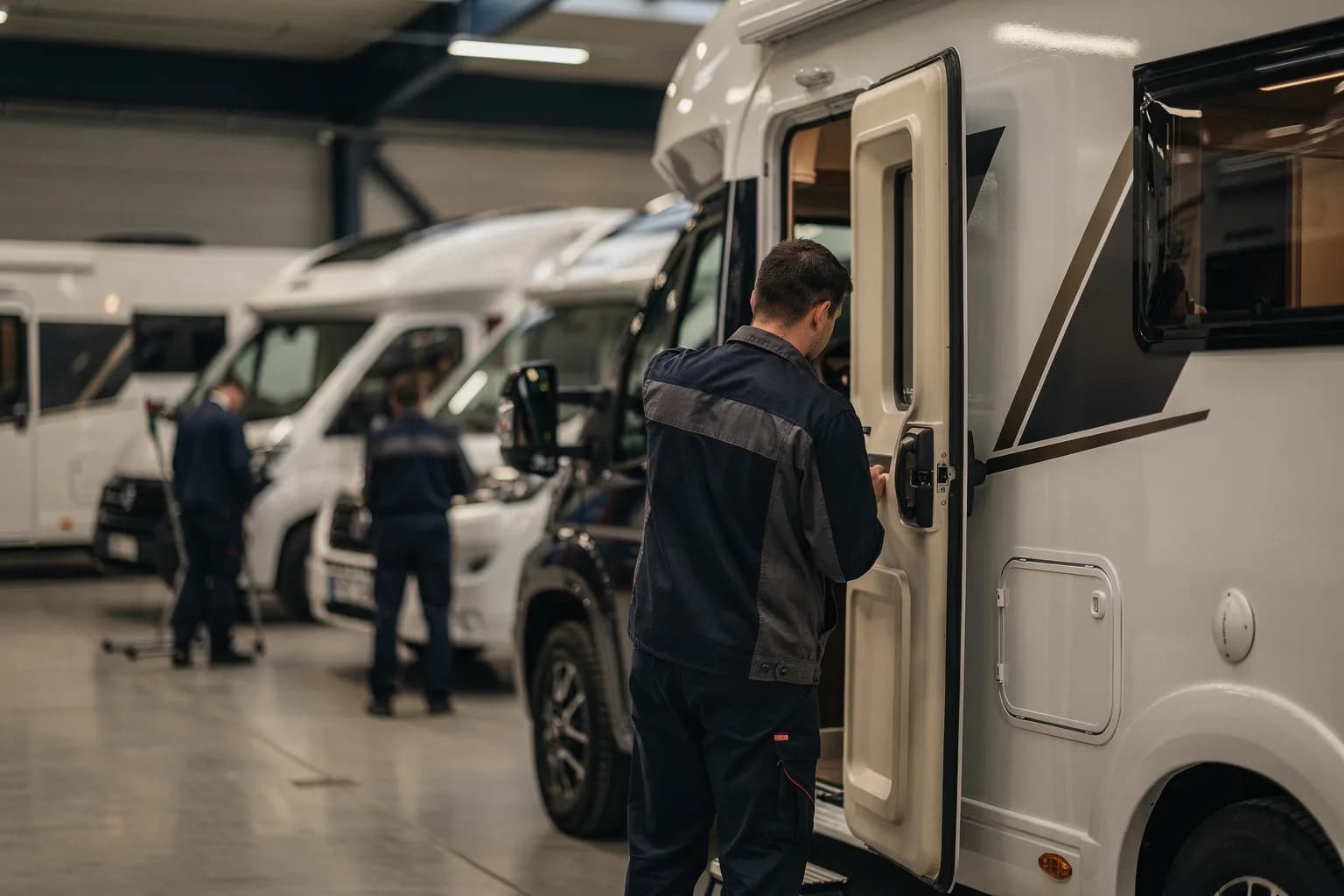 Ausstellungshalle für Reisemobile mit mehreren Fahrzeugen, ein Techniker in Arbeitskleidung von hinten an einer geöffneten Aufbautür