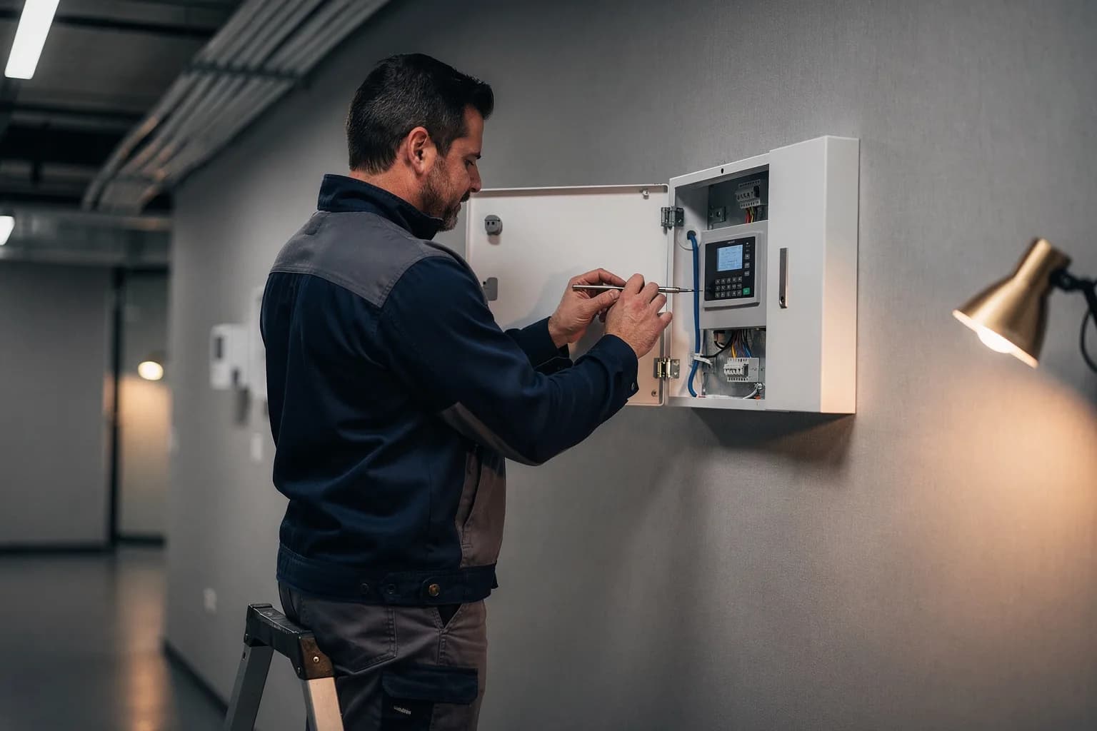 Errichter von Sicherheitstechnik bei der Arbeit an einer Wandzentrale in einem Gewerbebau, Gehäuse geöffnet, der Monteur von hinten mit feinem Werkzeug