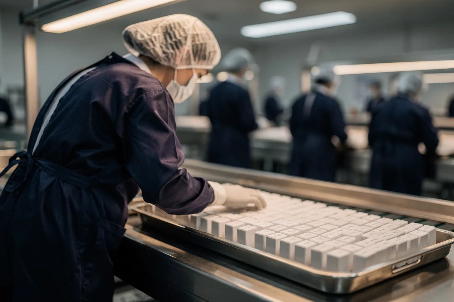Fertigung diagnostischer Testkassetten, Schalen mit kleinen unbeschrifteten Bauteilen auf einer Linie, eine Mitarbeiterin im Hygienekittel von hinten, helles sauberes Licht