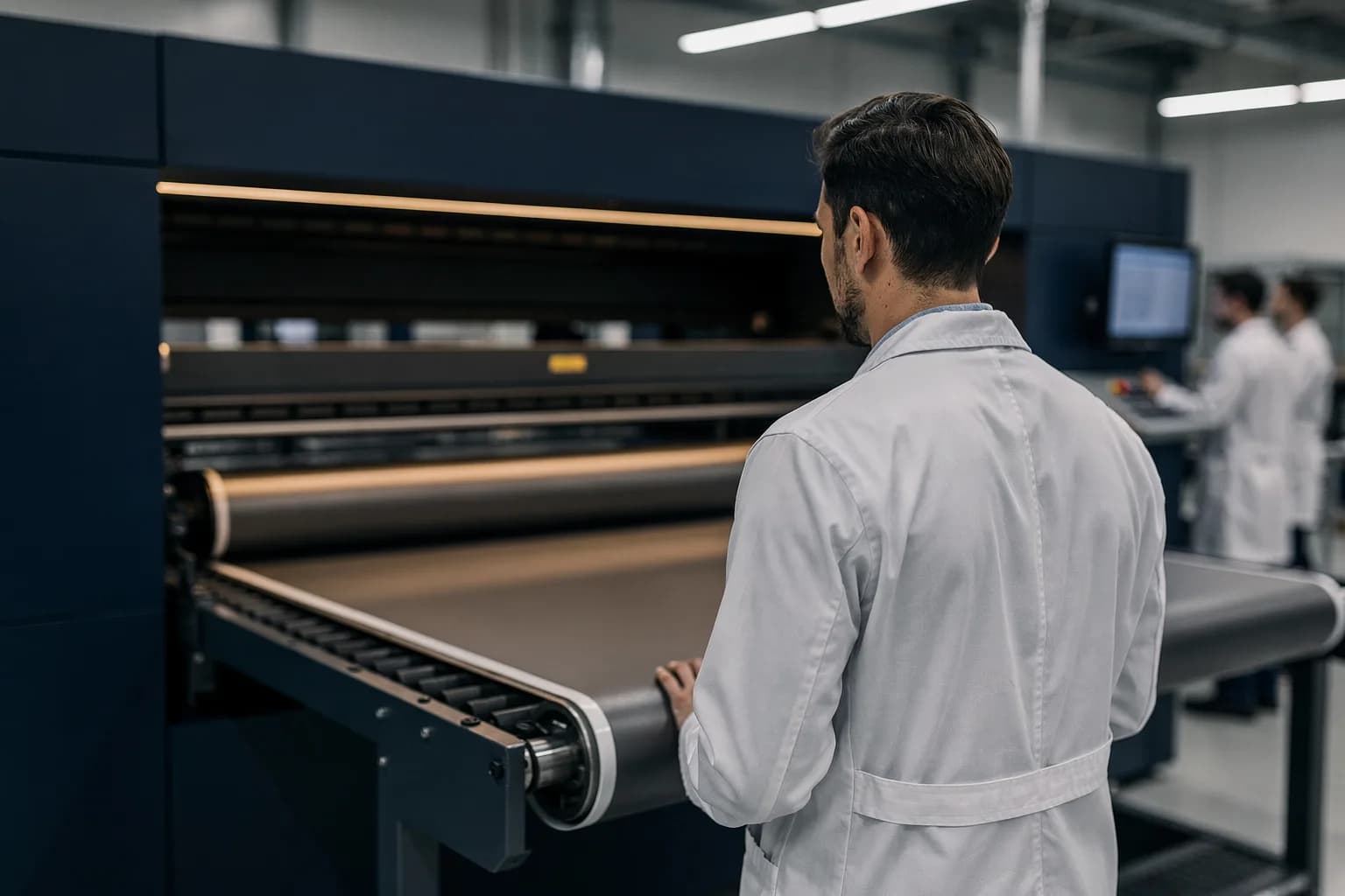 Industrielle Tintenstrahlanlage, ein flaches Bauteil fährt unter einem Druckkopfportal hindurch, eine Ingenieurin im Kittel von hinten, helles sauberes Licht